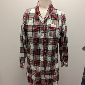 Red white and green plaid button down night gown